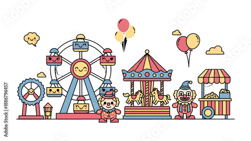 Playful Carnival Scene: An illustrated vibrant carnival scene comes alive with iconic amusement rides and joyful characters, evoking a sense of fun and excitement