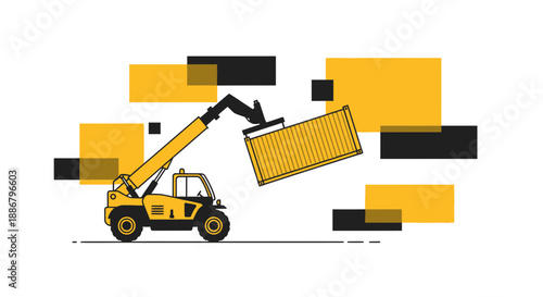 Modern Telehandler Crane Lifts Yellow Cargo Container Global Logistics Illustration