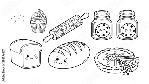 Whimsical Bakery Delights: A collection of charming baked goods, featuring a cupcake, rolling pin, cookies jar, bread loaf, pie and loaf.