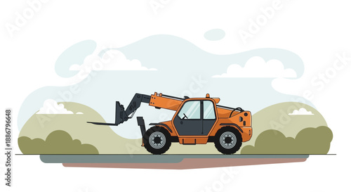 Modern Orange Telehandler Heavy Equipment On A Construction Site Vector Illustration