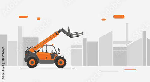 Modern Orange Telehandler Lifting Equipment On Construction Site Flat Design
