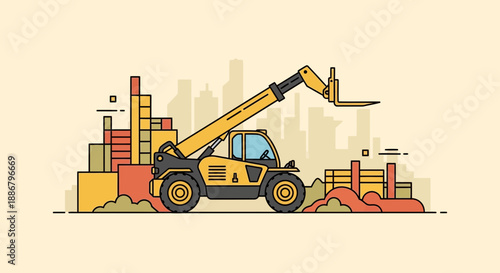 Modern Telehandler Forklift Machine Operating Efficiently At Busy Urban Construction Site Progress