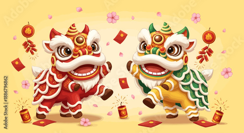 Chinese New Year Lion Dance Celebration with Fireworks and Lanterns