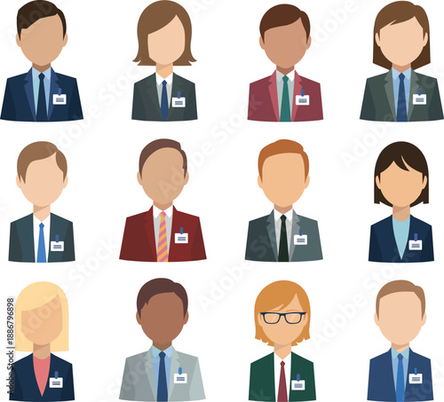 Business people avatar icon set, flat professional office characters with name badges, corporate staff profile illustration vector collection