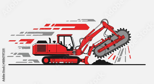 Modern Red Trencher Excavator Quickly Digging Earth With Abstract Speed Motion Graphics