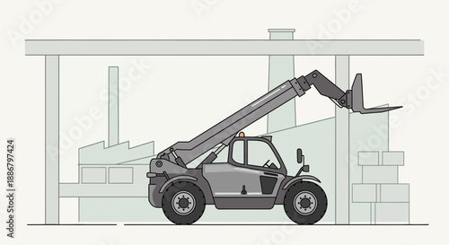 Modern Telescopic Handler Operating Efficiently Inside Industrial Warehouse Building Environment