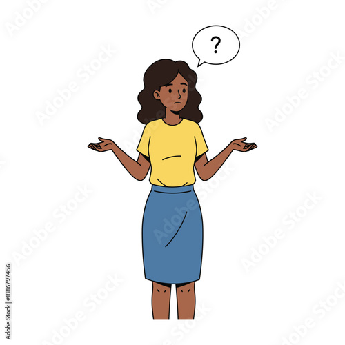 Woman with confused expression and question mark in speech bubble