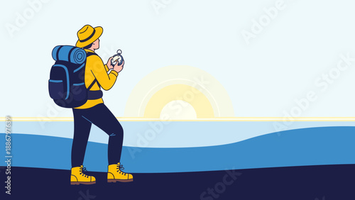 Modern Traveler Using Compass For Navigation During Outdoor Adventure Expedition