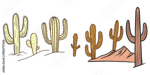 Set of hand-drawn desert cacti and sand dunes doodle illustrations isolated on white background.