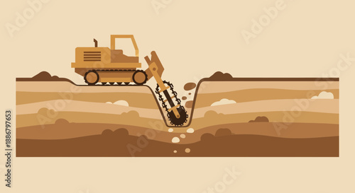 Modern Trencher Machine Digging A Trench Revealing Earth Layers Vector Illustration