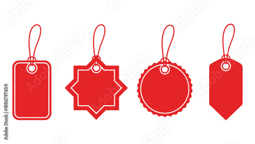 Four red blank discount price tags on white background for shopping and sales