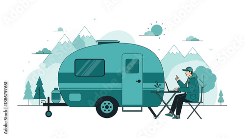 Modern Traveler Working Remotely Near His Recreational Vehicle In A Serene Setting