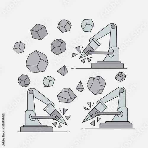 Modern Robotic Arms Sculpting Raw Geometric Material In A Precision Industrial Process Vector Art