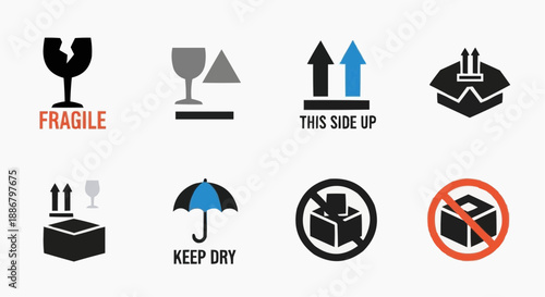 Vector set of universal shipping and packaging handling icons fragile, 'this side up', 'keep dry', and 'do not stack'. Essential for safe transport and logistics instructions