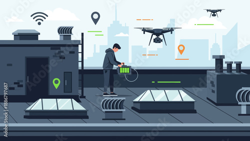 Modern Rooftop Drone Operation With Cityscape For Urban Exploration And Surveying