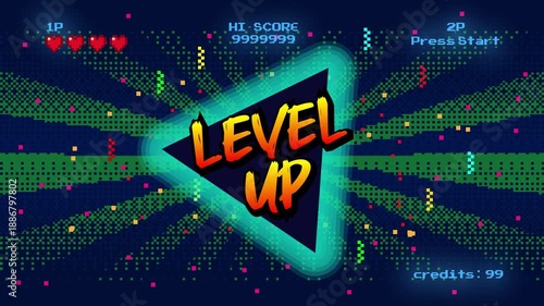 Level up screen. Retro pixel arcade machine 8 bit with coin flies forward. monitor vintage console 1980s.