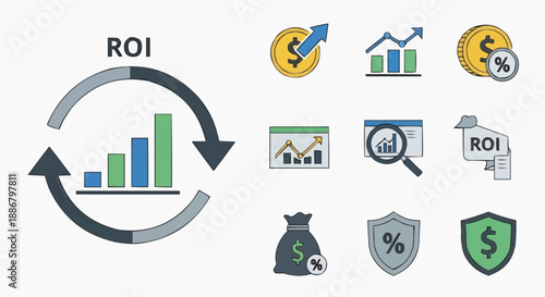 Return on Investment (ROI) analysis with financial growth charts and money icons