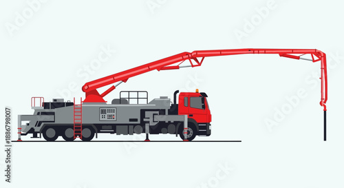 Modern Vector Illustration Of A Powerful Red Concrete Pump Truck For Building Projects