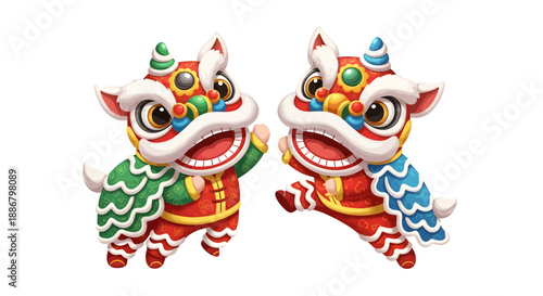 Colorful Chinese Lion Dance Costumes with Two Lion Figures