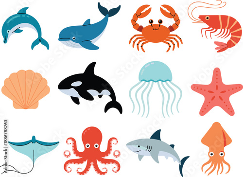 Cute sea animals icon set, cartoon marine life collection, fish dolphin whale crab octopus jellyfish starfish, flat vector illustrations isolated