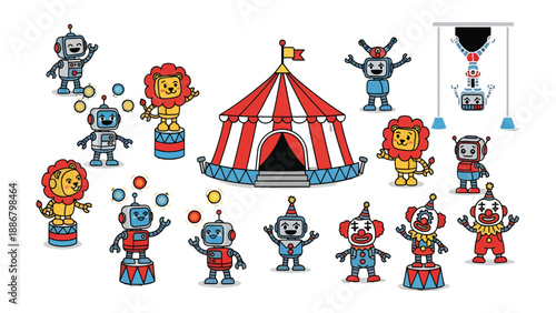 Robotic Circus Extravaganza: A whimsical illustration showcases a lively robotic circus, where mechanical marvels perform astounding feats of skill and coordination under a vibrant circus tent.