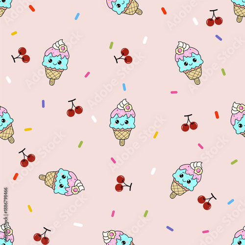 Cute hand drawn ice cream, cherries and  white polka dot seamless pattern background. Creative nursery background. Perfect for kids design, fabric, wrapping, wallpaper, textile, apparel.