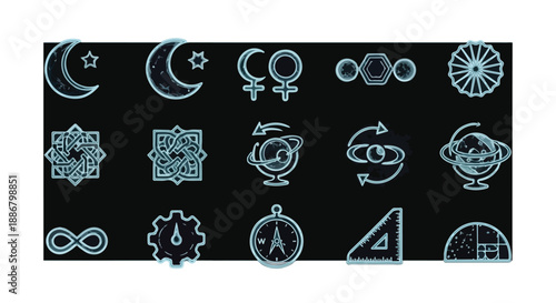 Collection of diverse abstract neon light icons representing science, spirituality, geometry, and universal symbols on a dark background, ideal for modern design.