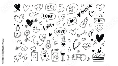 Valentine's day doodles with hearts love symbols and romantic icons on white