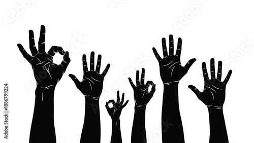 iverse Human Hands Silhouette Vector Illustration, Raised Arms and OK Gestures for Community Support, Teamwork Success, and Group Participation Background