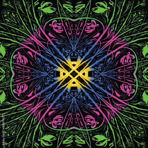 Neon Kaleidoscope Floral Mandala Pattern on Black Background