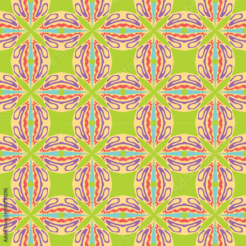 Colorful Geometric Floral Seamless Pattern with Pastel Green Background
