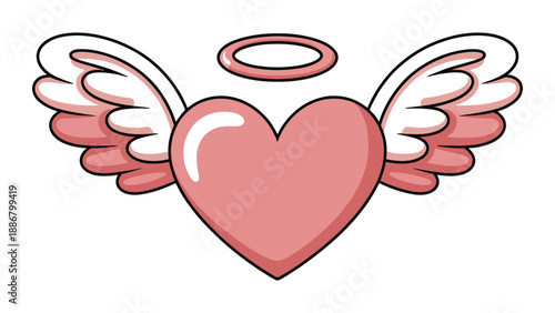Pink heart with wings and halo symbolizes love and innocence in a cute cartoon style