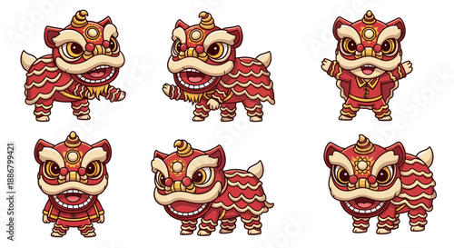 Cartoon Lion Dance Foo Dog Characters in Traditional Costume
