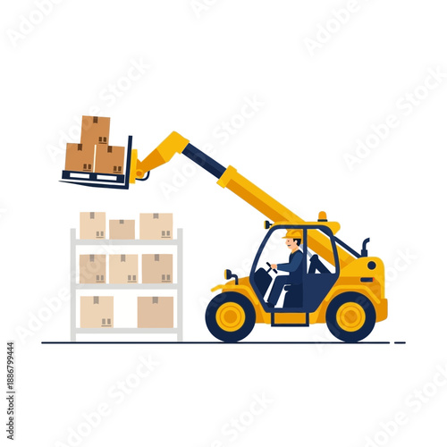 Modern Warehouse Logistics Telehandler Stacking Cardboard Boxes On Shelves Efficiently