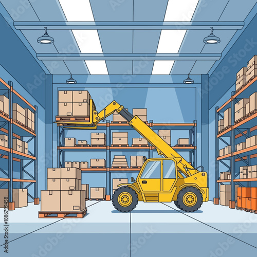 Modern Warehouse Operations With Telehandler Lifting Boxes On Pallets Efficient Storage Solution