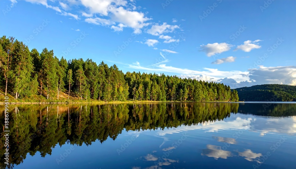 Obraz premium Serene Lake Reflection of Forest and Sky in Finland.