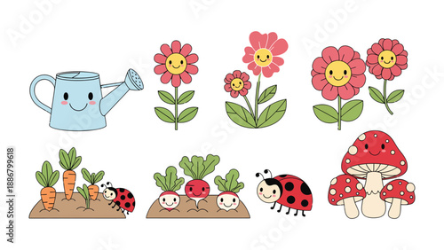 Cheerful Garden Delights: A whimsical illustration showcases a collection of smiling garden elements, including blossoming flowers, a watering can, delightful vegetables.