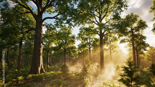 Serene forest landscape with trees, sunlight, and mist at sunrise from a low viewpoint