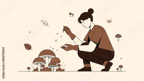 Mycologist Woman Spreading Mushroom Spores For New Fungi Growth Process