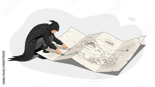 Mysterious Figure Charting an Adventure on Old Map Illustration