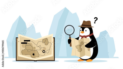 Mysterious Penguin Detective Trying To Find A Treasure Through Ancient Map