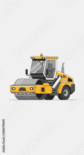 Modern Yellow Road Roller Compactor Equipment Isolated On White Background