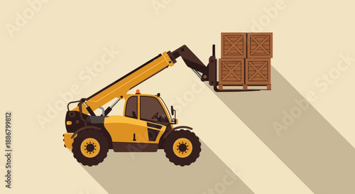 Modern Yellow Telehandler Machine Efficiently Transporting Cargo Wooden Crates At Logistic Site