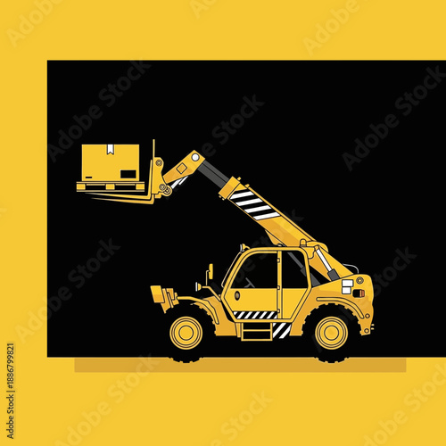 Modern Yellow Telehandler Lifting Package On Construction Site Illustration Graphic