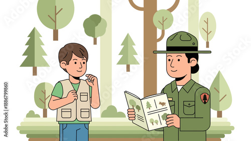 National Park Ranger Shares Information With A Visitor In Forest Setting