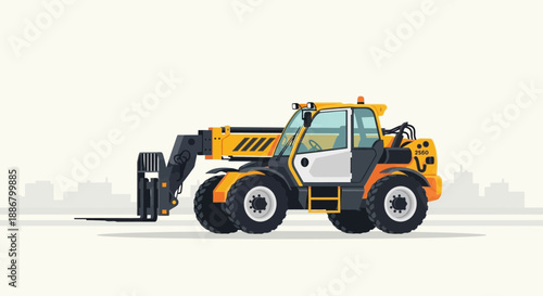 Modern Yellow Telehandler Machine On Construction Site With Cityscape Background Vector Illustration