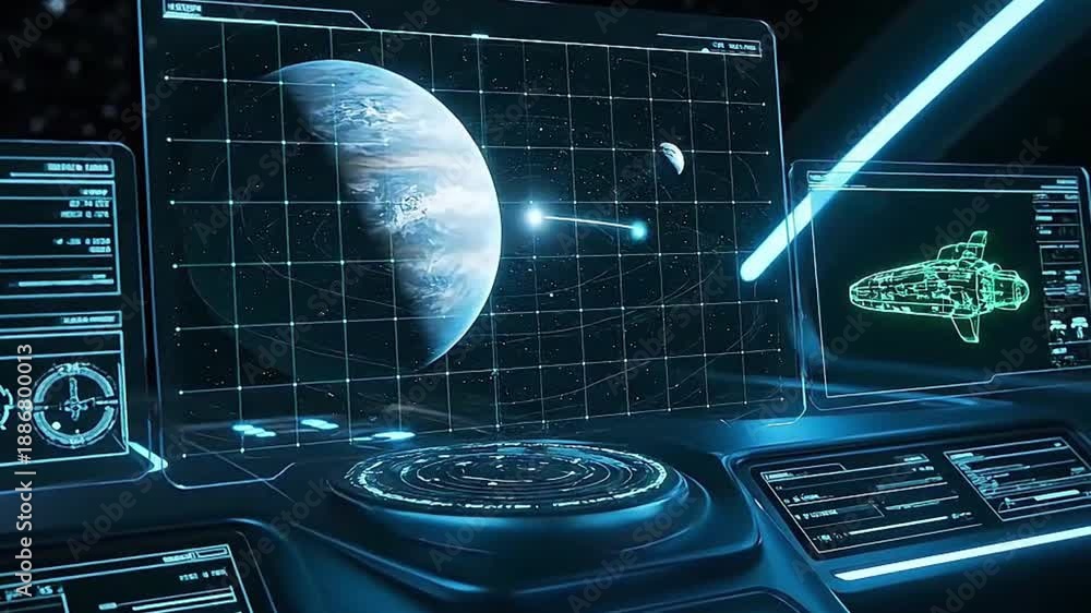 Futuristic Spaceship Cockpit Console with Holographic Display Showing ...