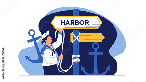 Nautical Adventure With Sailor Adjusting Ropes Near Harbor Signpost