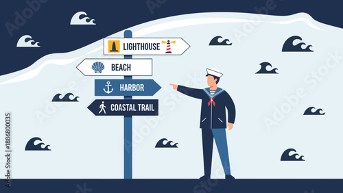 Nautical Guide With Coastal Destinations Featuring Sailor And Directional Signs