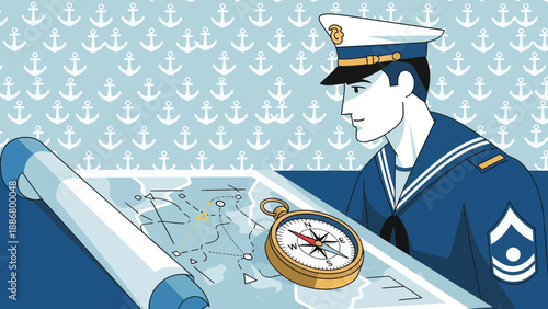 Nautical Navigation A Seaman Charts A Course With A Compass And A Detailed Map